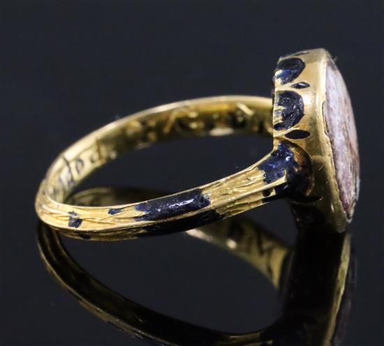 A rare mid 17th century enamelled gold oval memorial ring for Charles I (1600-1649), finger size K.